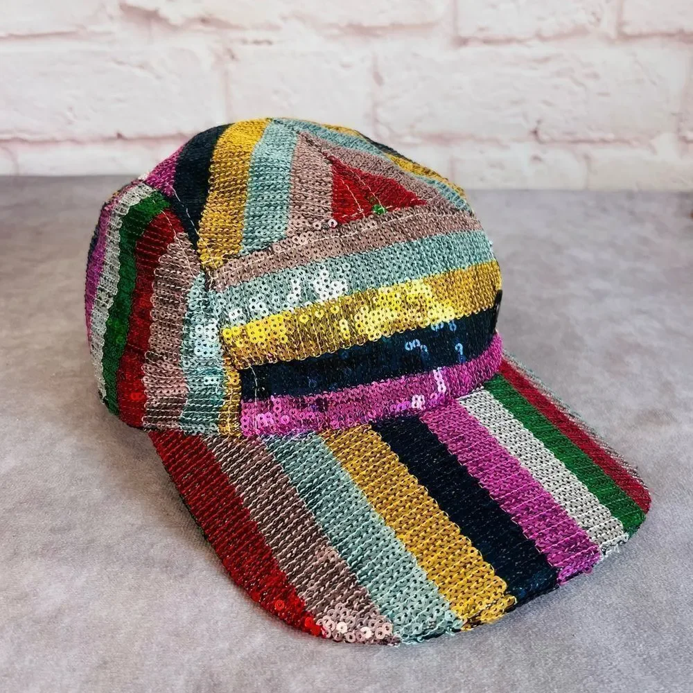 Maison Michel Paris Stripe Rainbow Colorful Nell Sequin Hat Baseball Cap M